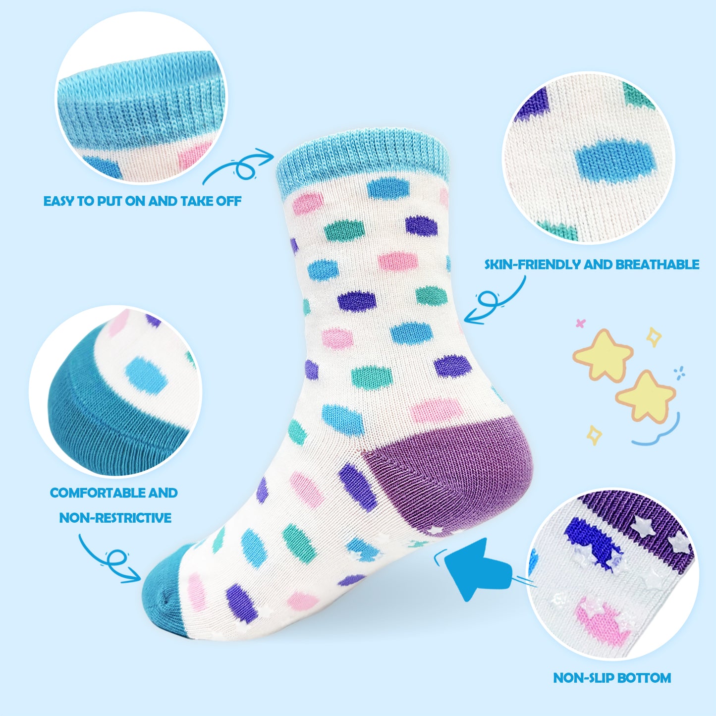 Freshpairs Non-Slip Toddler Socks, Grip Ankle Socks for Girls 2-4 Years (Fits 7C-11C), Colorful Polka Dot, Combed Cotton, Star Grip Bottoms, 2-Pack