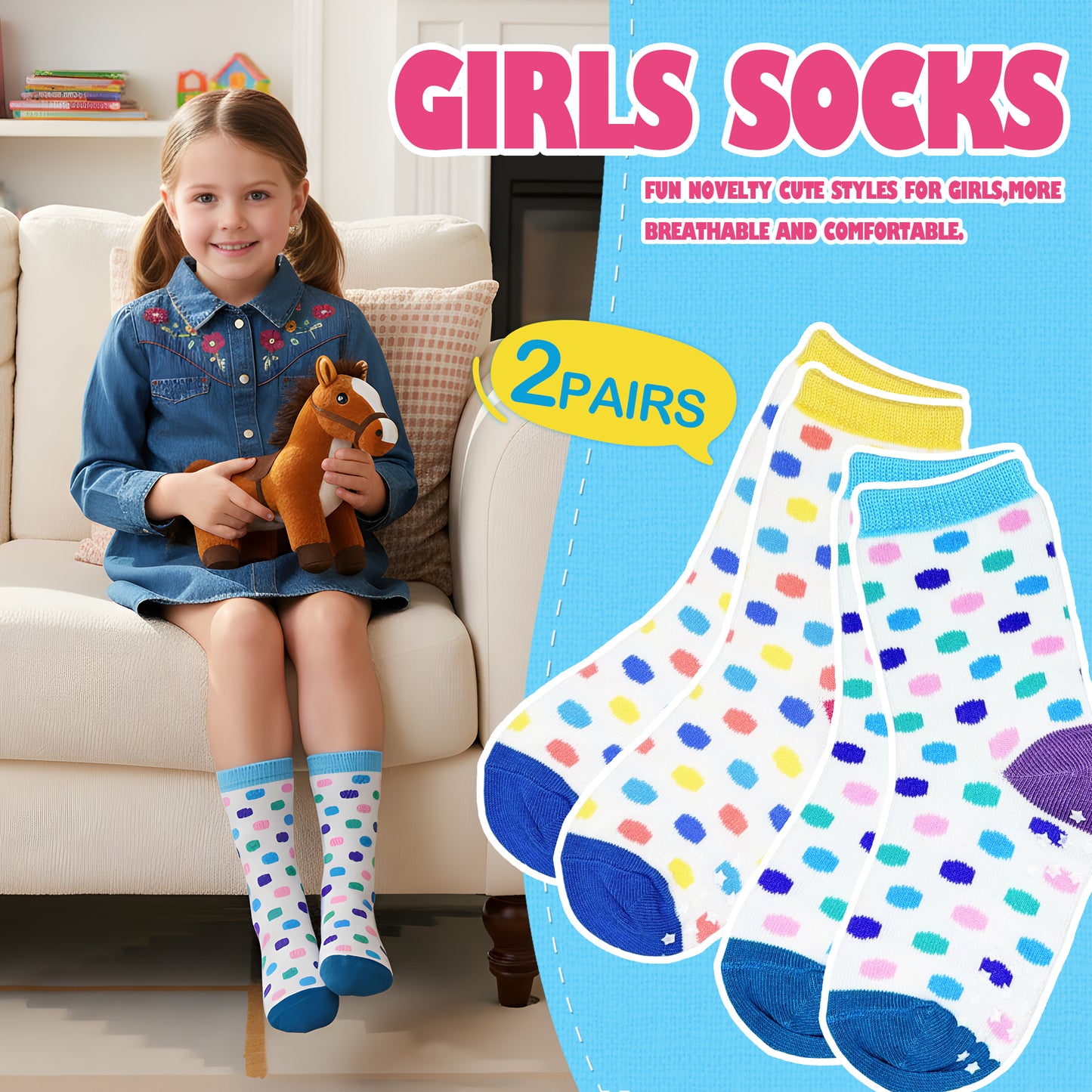 Freshpairs Non-Slip Toddler Socks, Grip Ankle Socks for Girls 2-4 Years (Fits 7C-11C), Colorful Polka Dot, Combed Cotton, Star Grip Bottoms, 2-Pack
