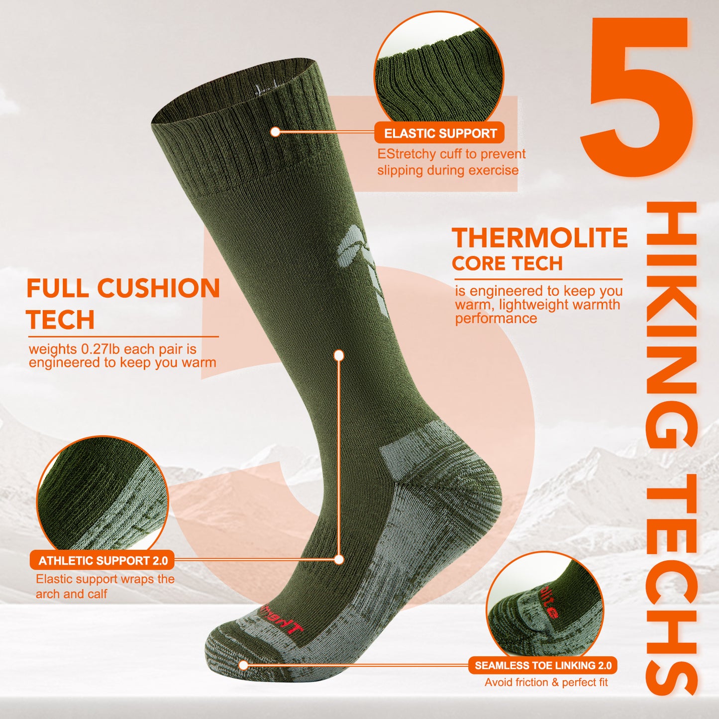 Tactical Boot Socks for Men, Mid-Calf, Cushioned, Moisture-Wicking & Quick-Dry, Athletic Support, 2-Pack