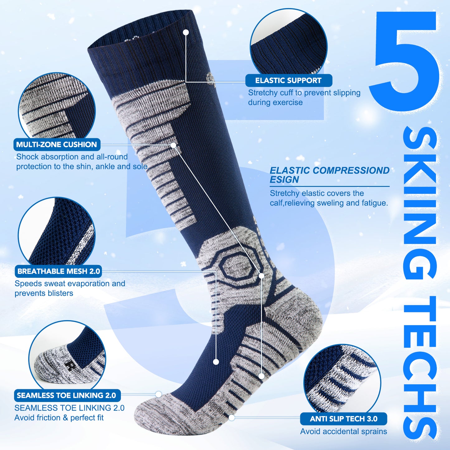 Thermal Ski Socks – Moisture-Wicking, Cushioned, Warm Winter Socks for Skiing & Snowboarding, Cold Weather Socks