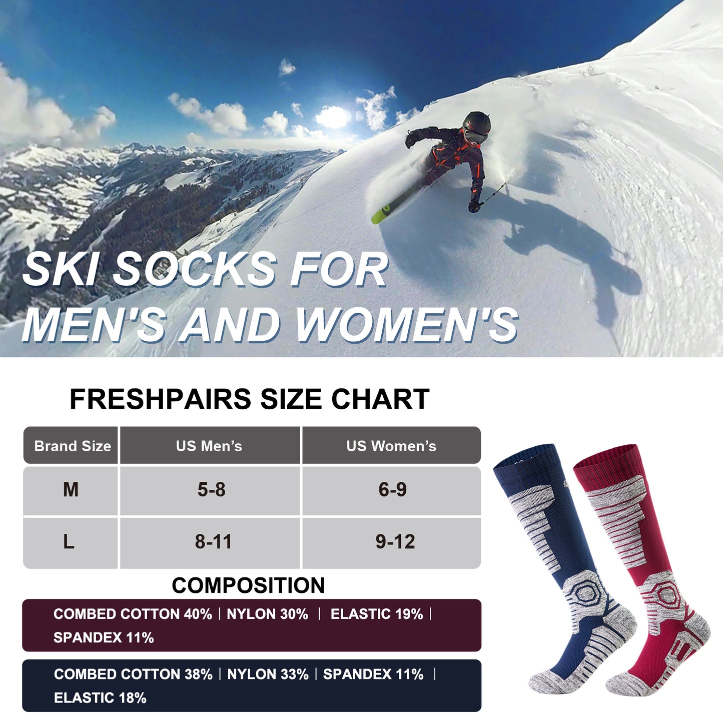 Thermal Ski Socks – Moisture-Wicking, Cushioned, Warm Winter Socks for Skiing & Snowboarding, Cold Weather Socks