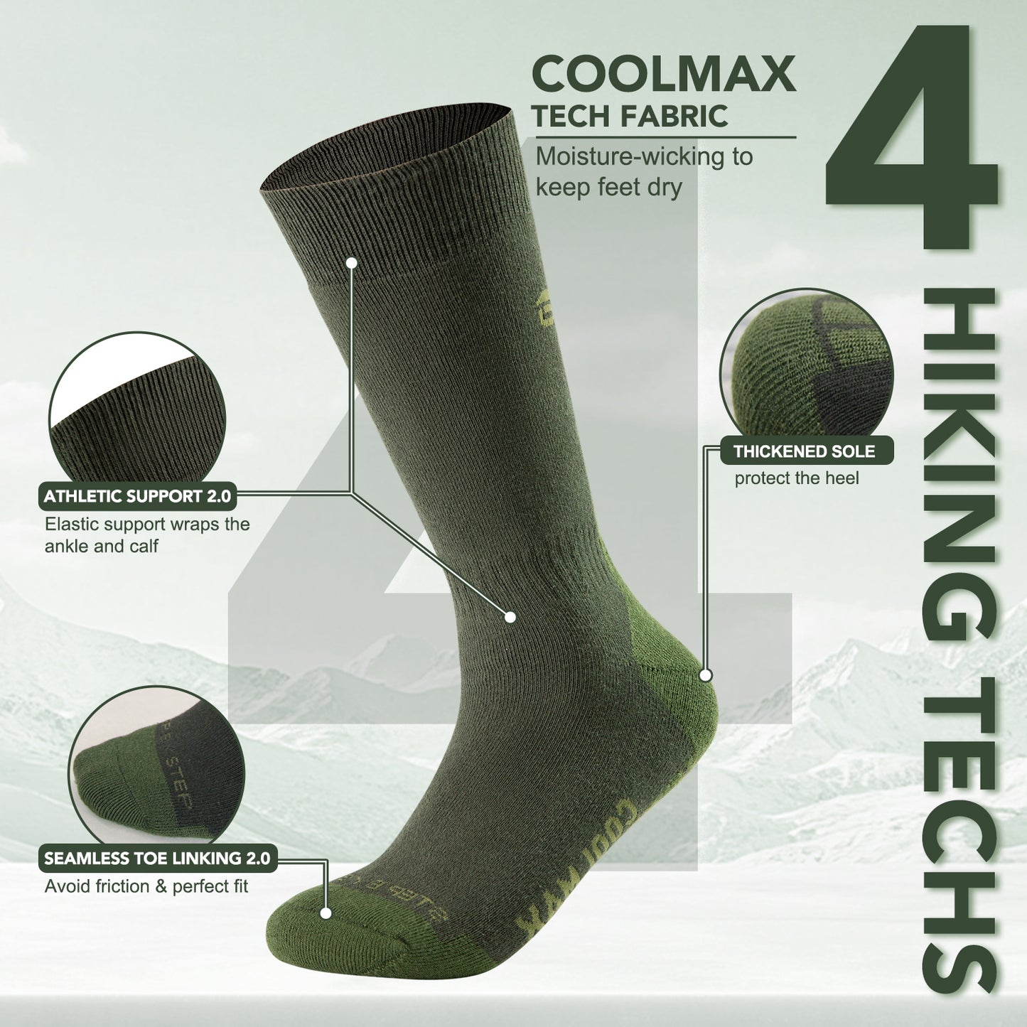 Tactical Boot Socks for Men, Mid-Calf, Cushioned, Moisture-Wicking & Quick-Dry, Athletic Support, 2-Pack